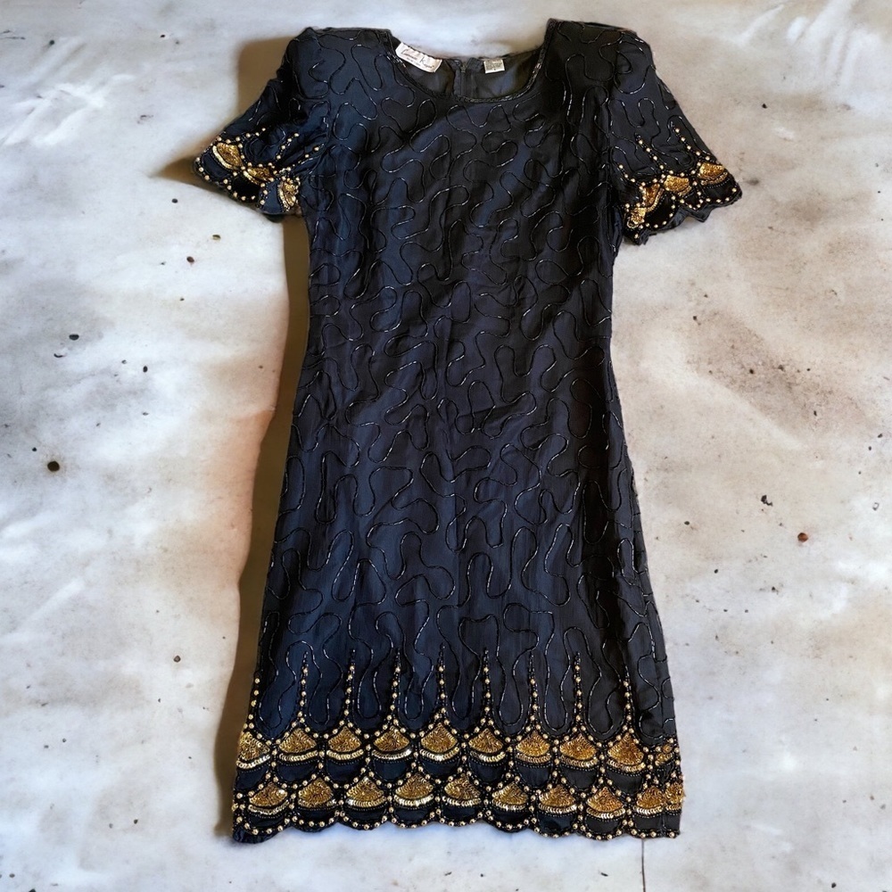 Vintage Laurence Kazar Silk Beaded Dress Black Gold